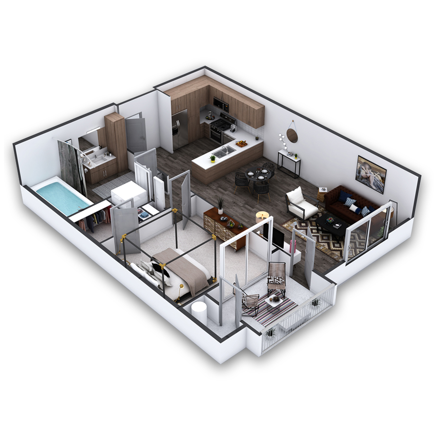 Rendering of the Junipero floor plan with 1 bedroom[s] and 1 bathroom[s] at Griffis Pine Avenue