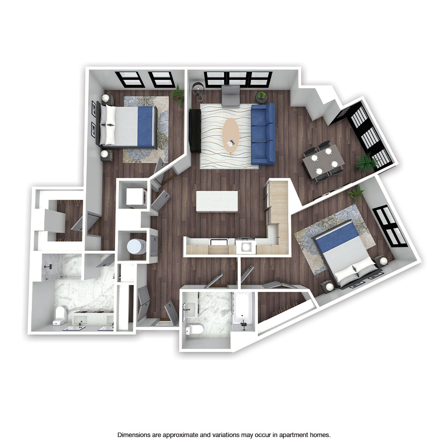 Rendering of the Moorland floor plan with 2 bedroom[s] and 2 bathroom[s] at Griffis Edgemoor