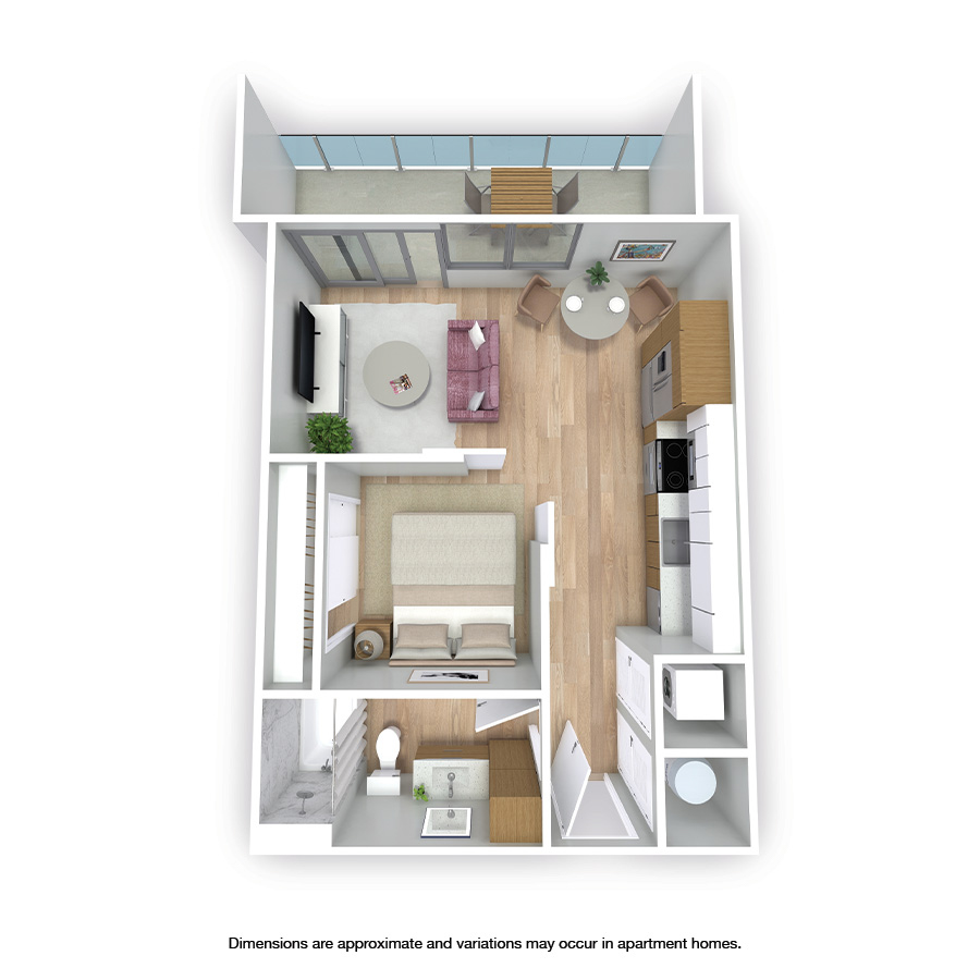 Rendering of the Delray floor plan with a Studio bedroom and 1 bathroom[s] at Griffis West Palm