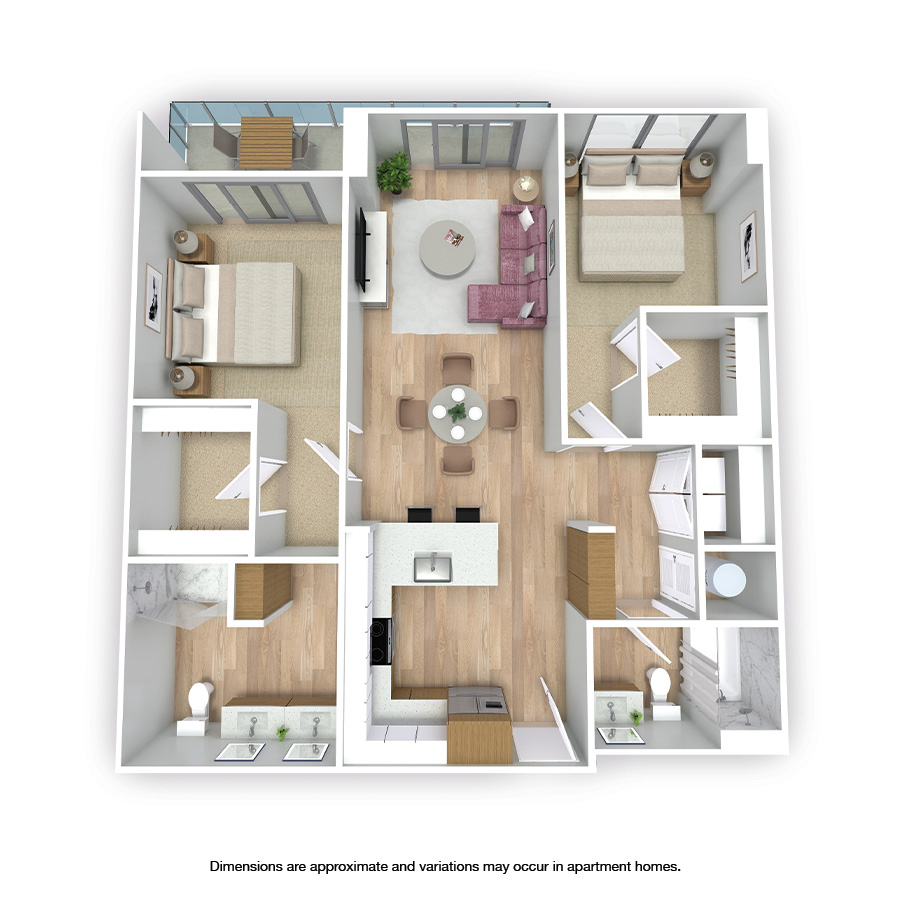 Rendering of the Pompano floor plan with 2 bedroom[s] and 2 bathroom[s] at Griffis West Palm
