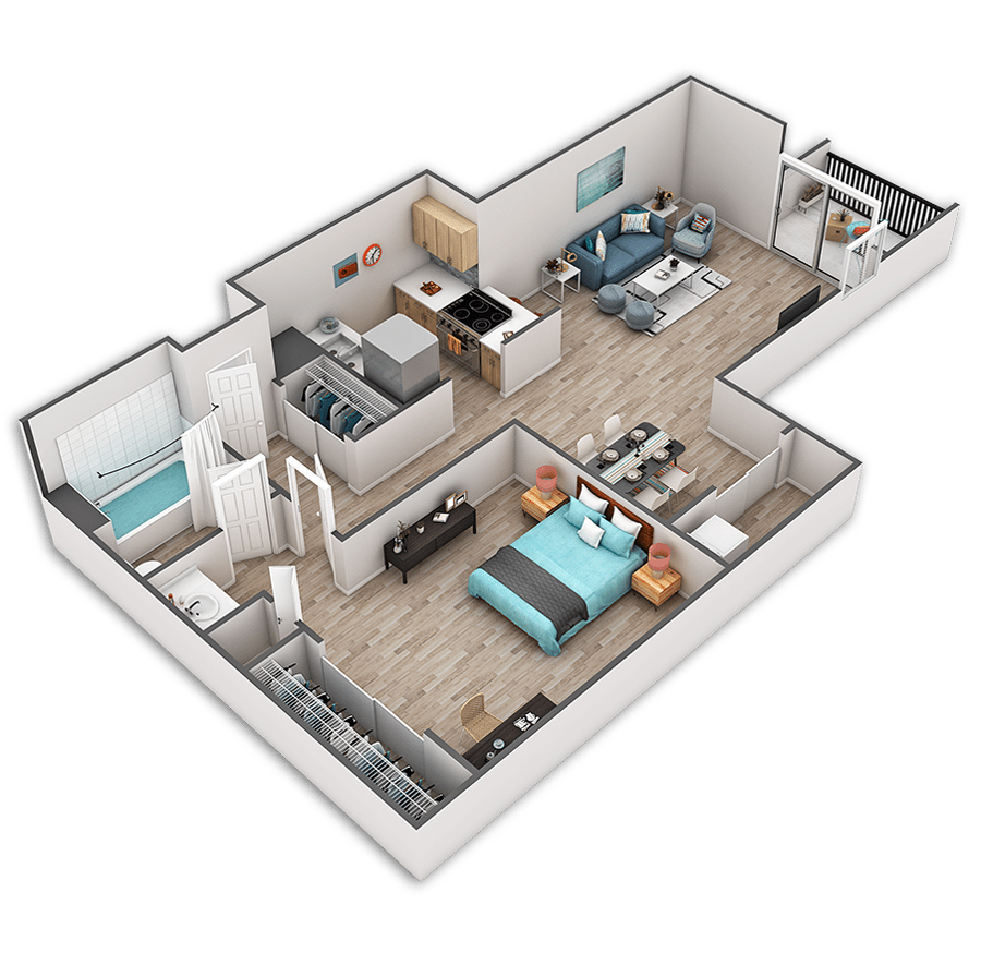 Rendering of the Roosevelt floor plan with 1 bedroom[s] and 1 bathroom[s] at Griffis Belltown