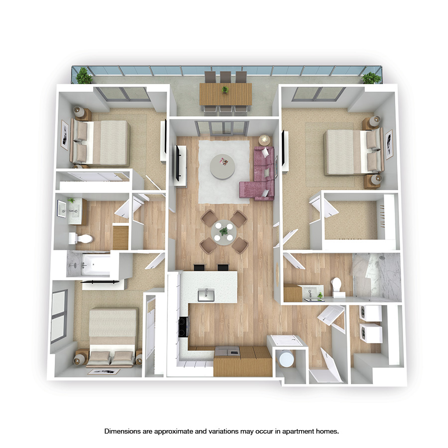Rendering of the Stuart floor plan with 3 bedroom[s] and 2 bathroom[s] at Griffis West Palm