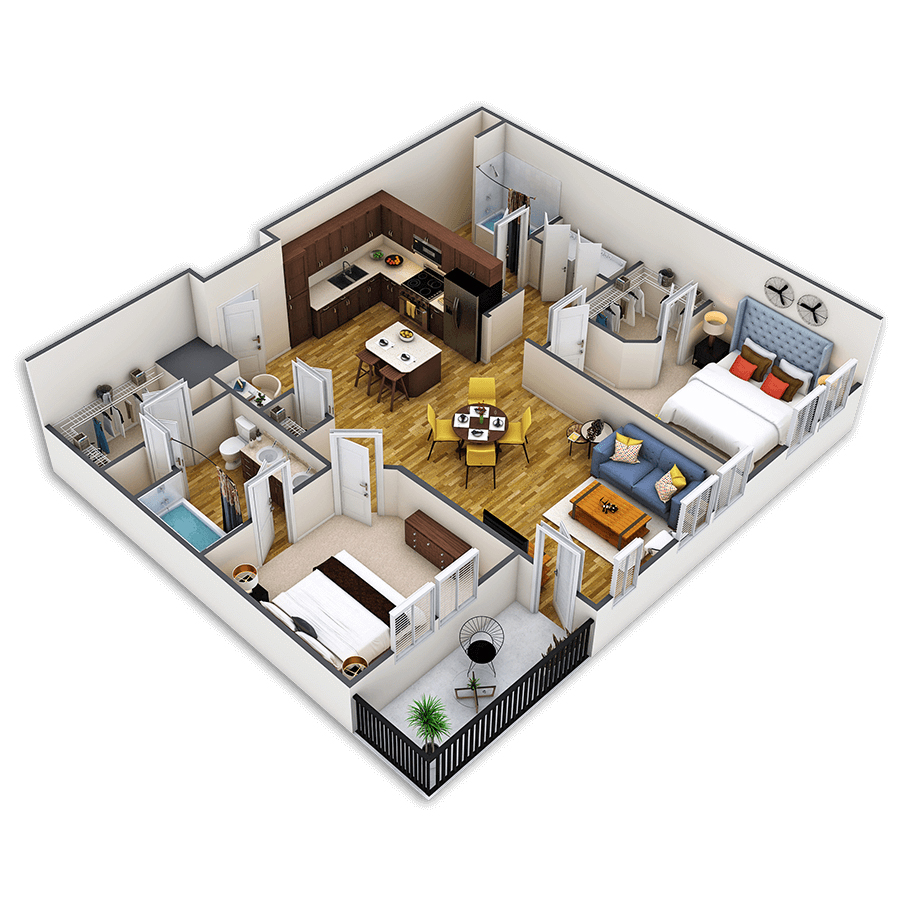 Rendering of the Inca Platinum floor plan with 2 bedroom[s] and 2 bathroom[s] at Griffis Union Station