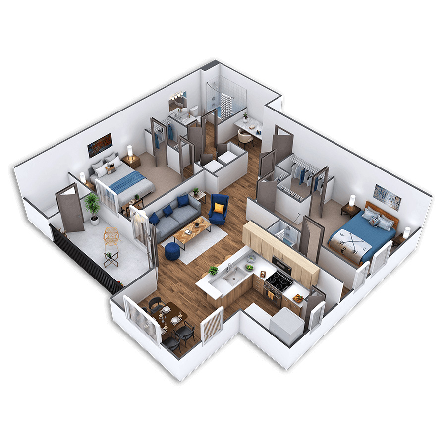 Rendering of the Sydney floor plan with 2 bedroom[s] and 2 bathroom[s] at Griffis North Creek