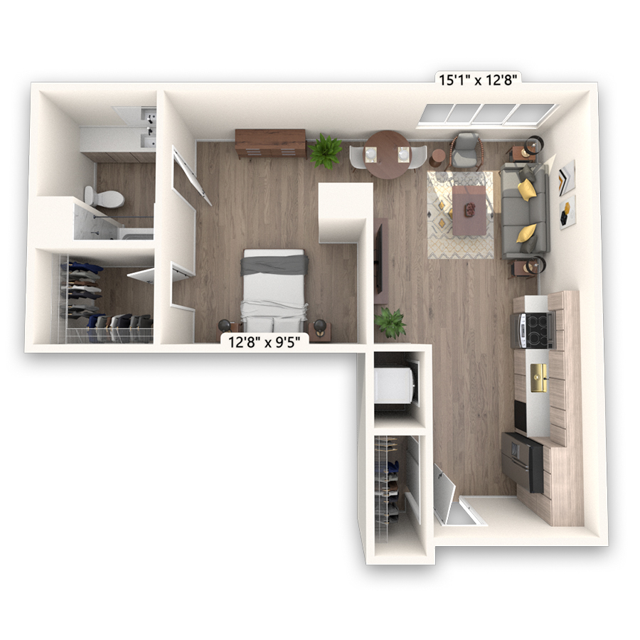 Rendering of the Cameron floor plan with a Studio bedroom and 1 bathroom[s] at Griffis LoDo