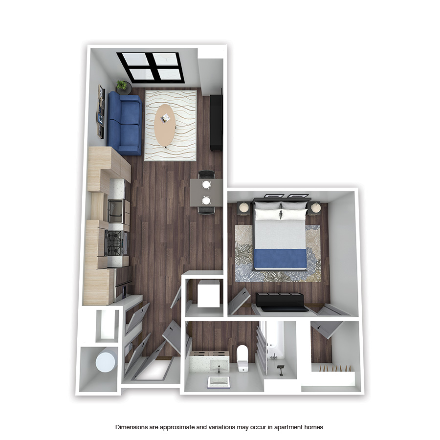 Rendering of the Burling floor plan with 1 bedroom[s] and 1 bathroom[s] at Griffis Edgemoor