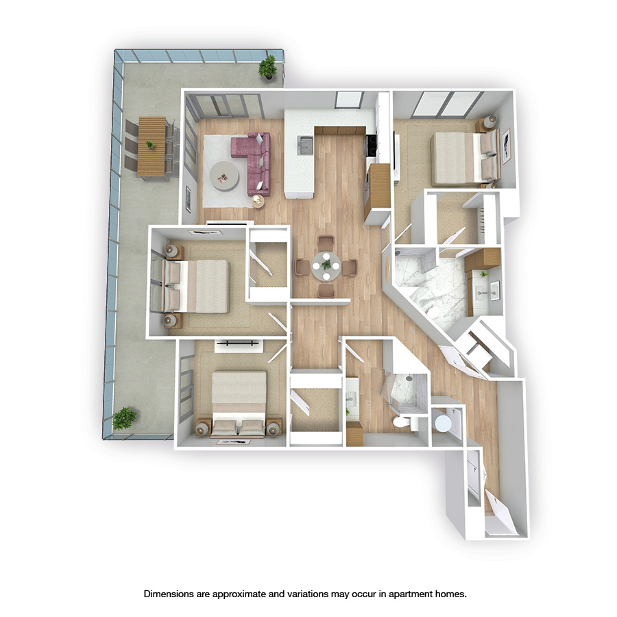 Rendering of the Sunny Isles floor plan with 3 bedroom[s] and 2 bathroom[s] at Griffis West Palm