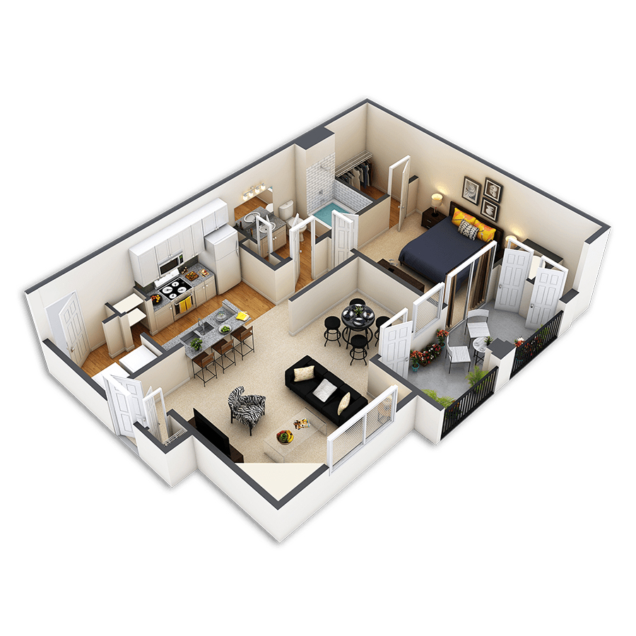 Rendering of the Cambridge floor plan with 1 bedroom[s] and 1 bathroom[s] at Sagebrook
