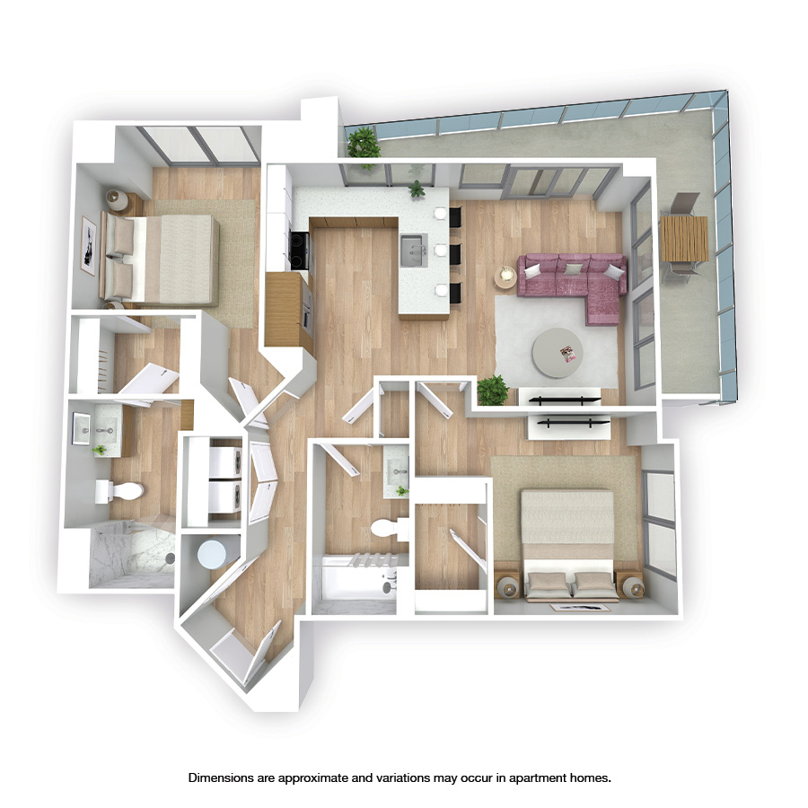 Rendering of the Satellite floor plan with 2 bedroom[s] and 2 bathroom[s] at Griffis West Palm