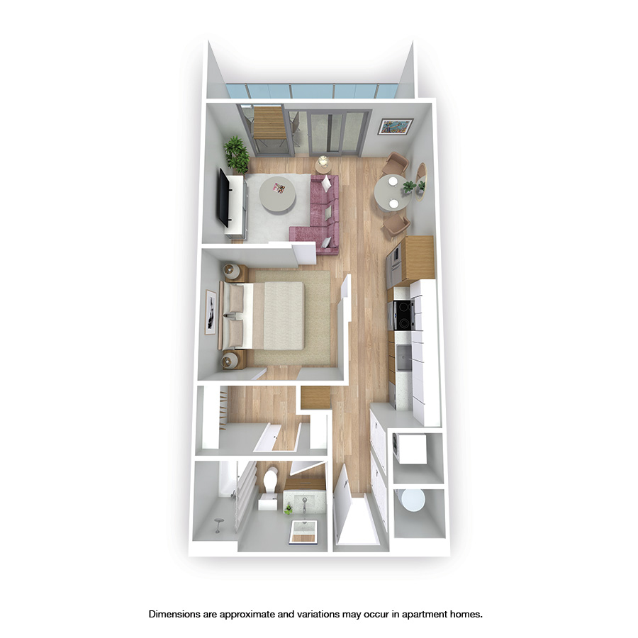 Rendering of the Jensen floor plan with a Studio bedroom and 1 bathroom[s] at Griffis West Palm