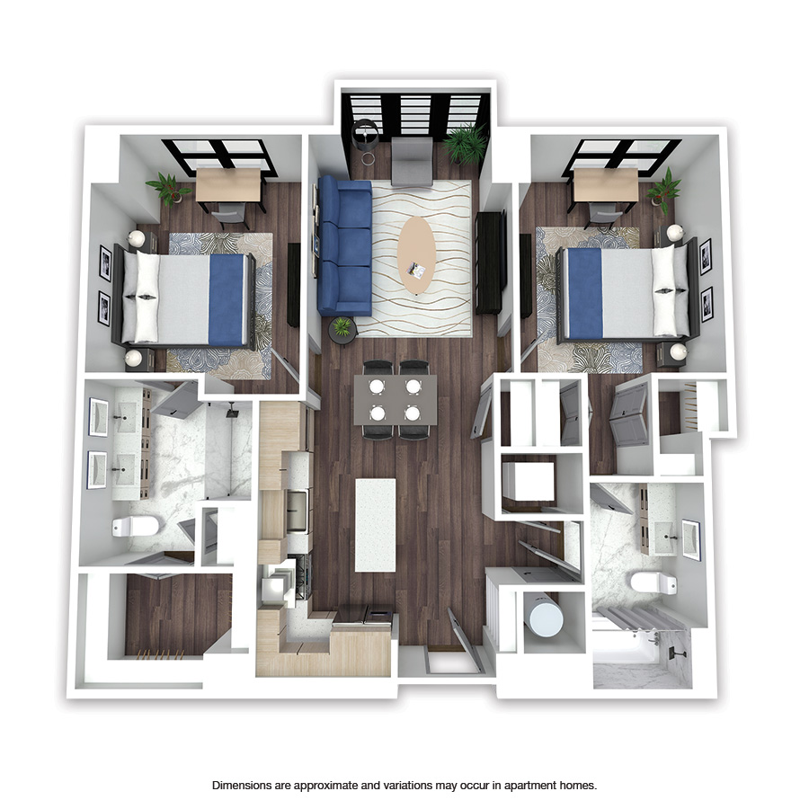 Rendering of the Hampden floor plan with 2 bedroom[s] and 2 bathroom[s] at Griffis Edgemoor