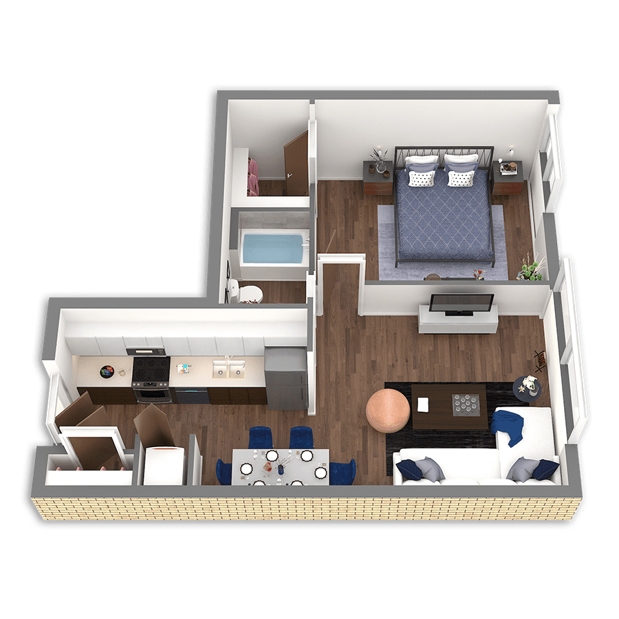 Rendering of the Chetco Platinum floor plan with 1 bedroom[s] and 1 bathroom[s] at Griffis South Waterfront