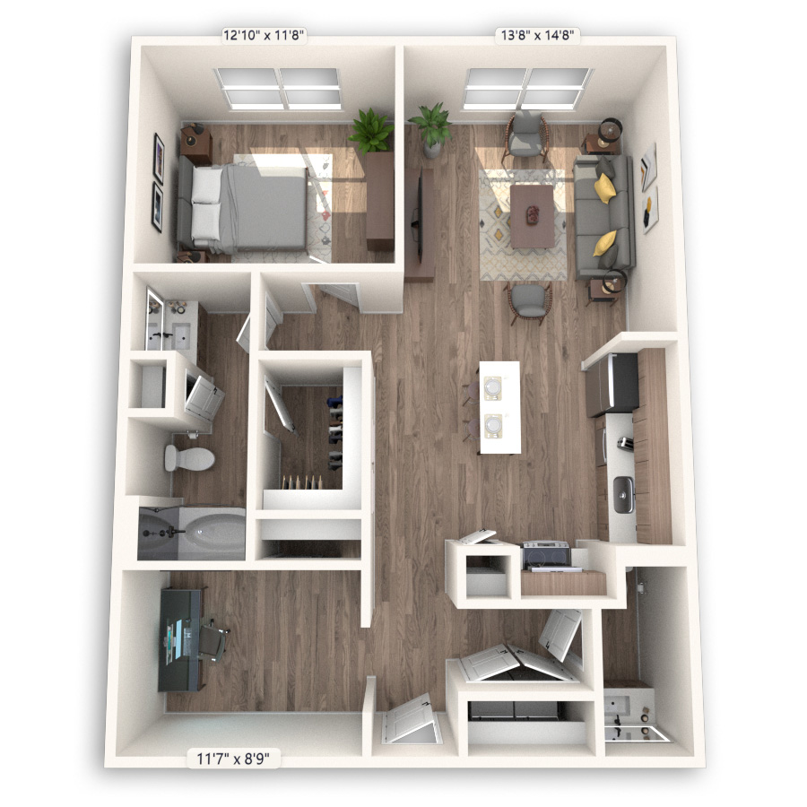 Rendering of the Casablanca floor plan with 1 bedroom[s] and 1.5 bathroom[s] at Griffis at The Domain