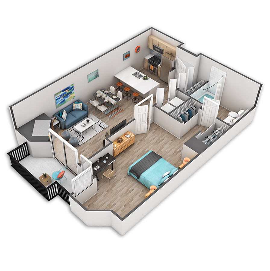 Rendering of the Stewart floor plan with 1 bedroom[s] and 1 bathroom[s] at Griffis Belltown