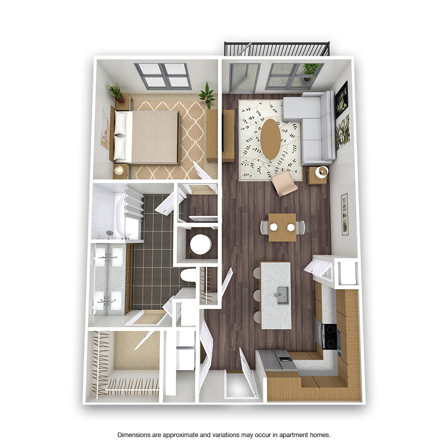 Rendering of the Hondo Platinum floor plan with 1 bedroom[s] and 1 bathroom[s] at Griffis Oak Lawn