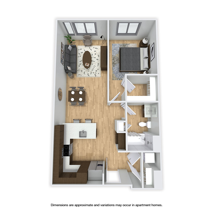 Rendering of the Nyanza floor plan with 1 bedroom[s] and 1 bathroom[s] at Griffis Shoreline