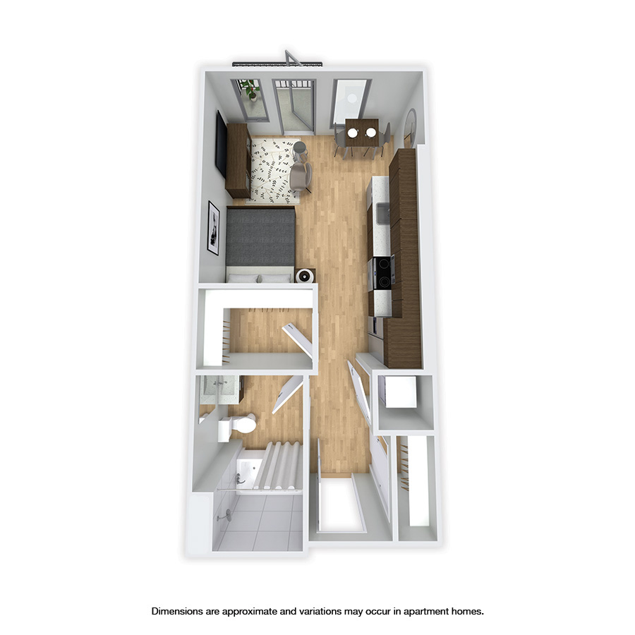Rendering of the Ashworth floor plan with a Studio bedroom and 1 bathroom[s] at Griffis Shoreline