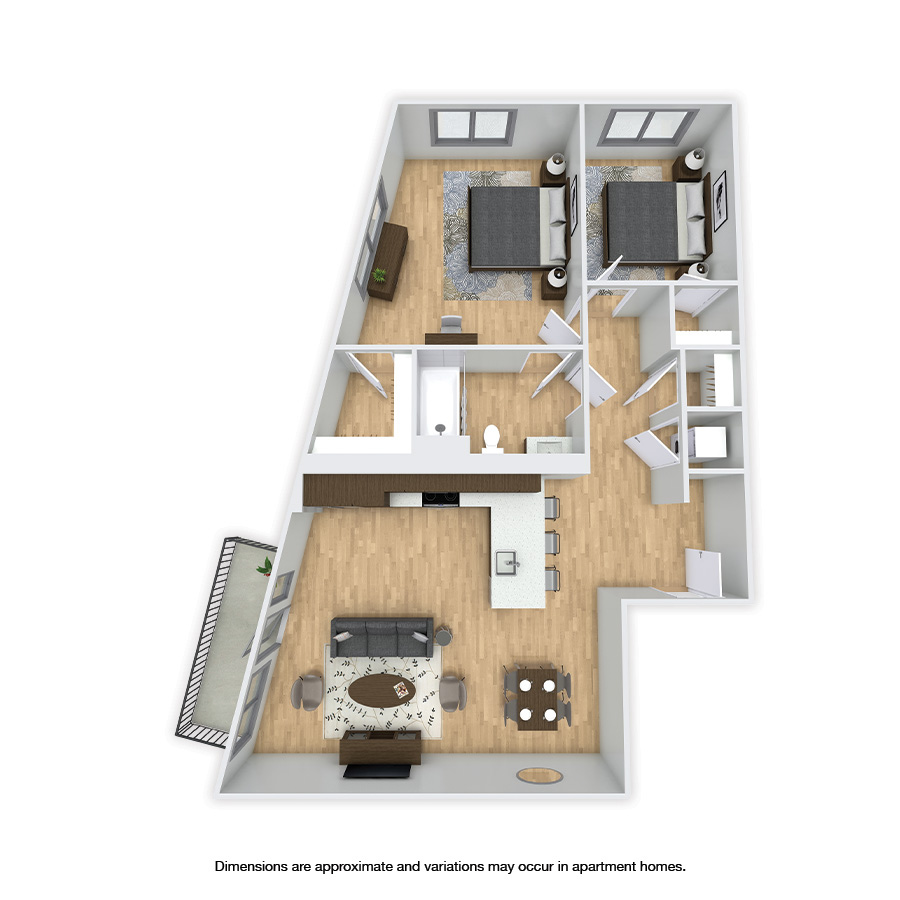 Rendering of the Phinney floor plan with 2 bedroom[s] and 1 bathroom[s] at Griffis Shoreline