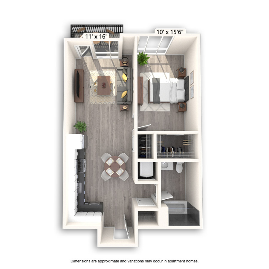 Rendering of the New Jersey Platinum floor plan with 1 bedroom[s] and 1 bathroom[s] at Griffis East Village