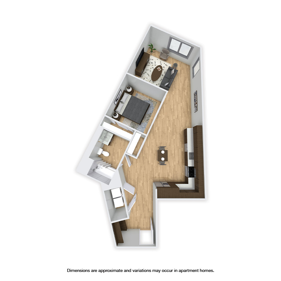Rendering of the Fremont Affordable floor plan with 1 bedroom[s] and 1 bathroom[s] at Griffis Shoreline