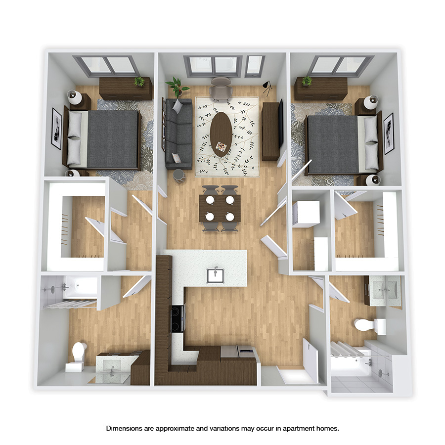 Rendering of the Oakwood Affordable floor plan with 2 bedroom[s] and 2 bathroom[s] at Griffis Shoreline