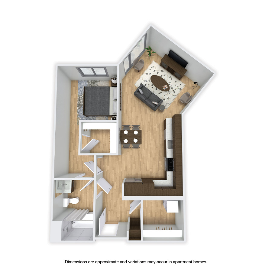 Rendering of the Meridian Affordable floor plan with 1 bedroom[s] and 1 bathroom[s] at Griffis Shoreline