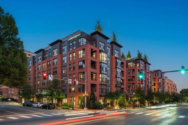 Griffis Edgemoor brick apartment building at twilight in Bethesda, Maryland.