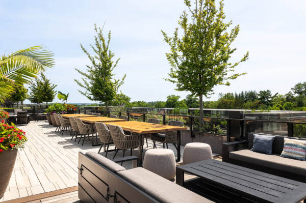 Griffis Edgemoor rooftop deck with dining tables, lounge seating, and trees.