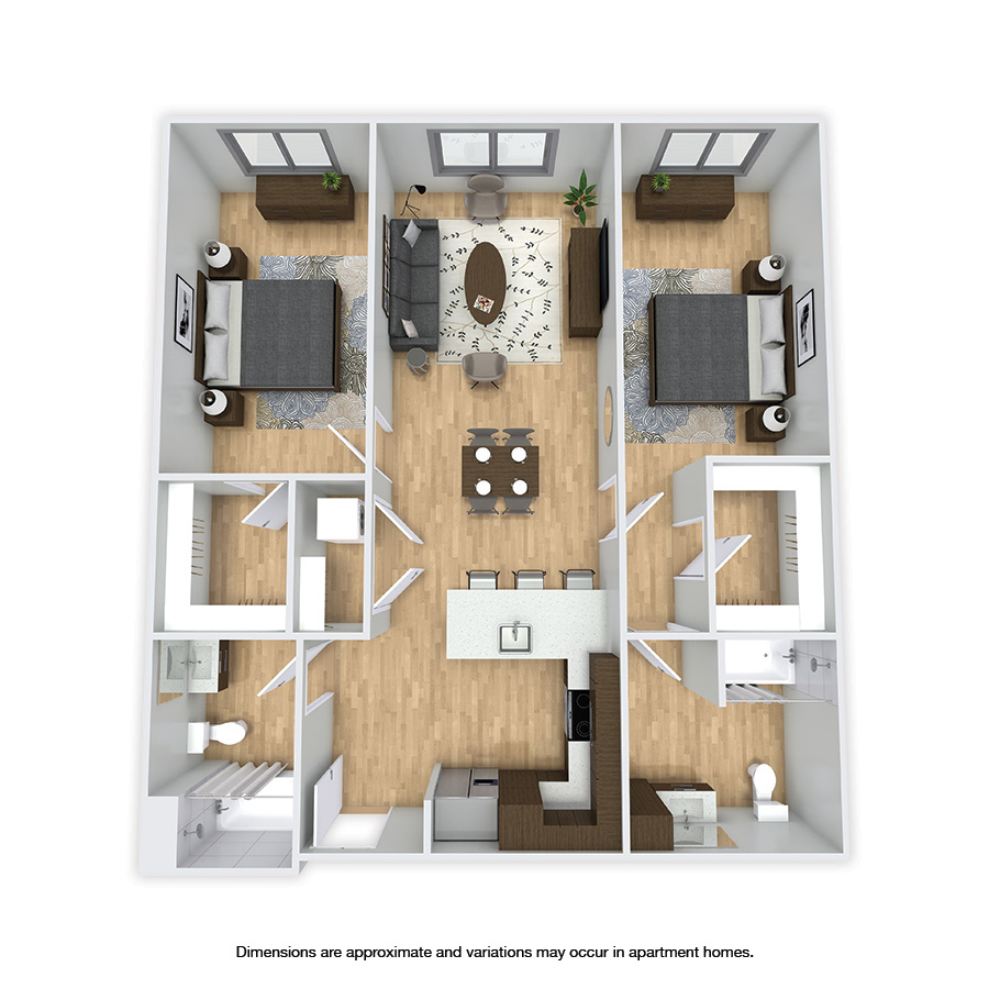 Rendering of the Wallace floor plan with 2 bedroom[s] and 2 bathroom[s] at Griffis Shoreline