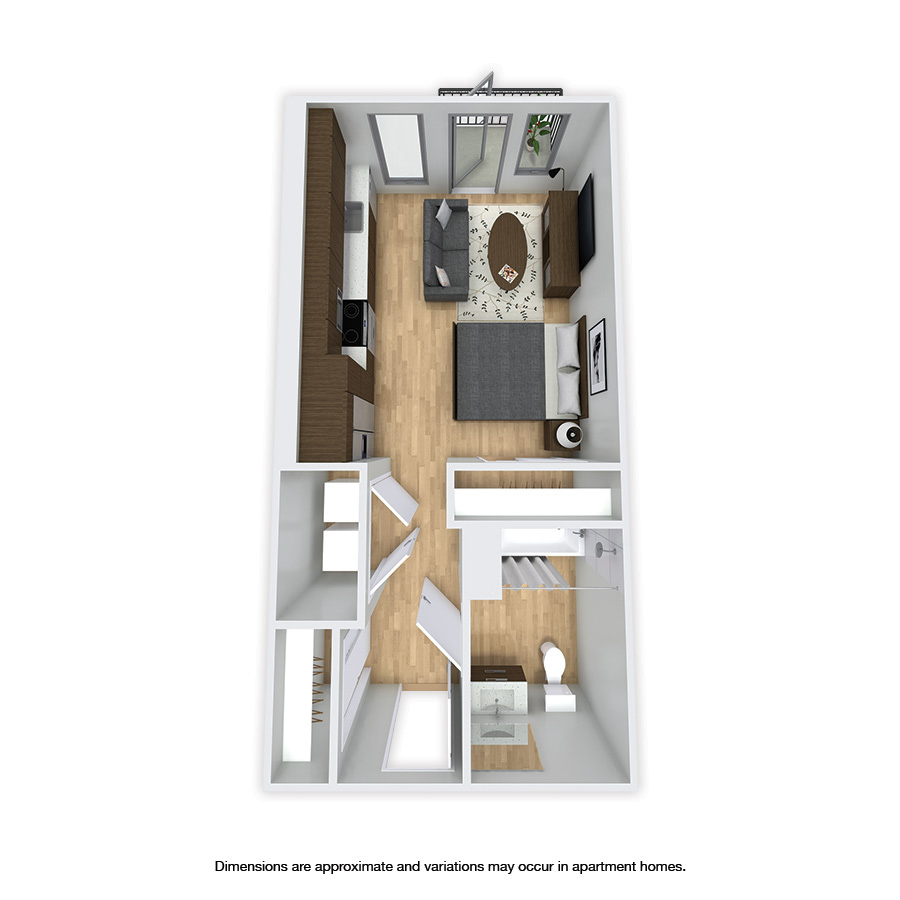Rendering of the Bagley Affordable floor plan with a Studio bedroom and 1 bathroom[s] at Griffis Shoreline