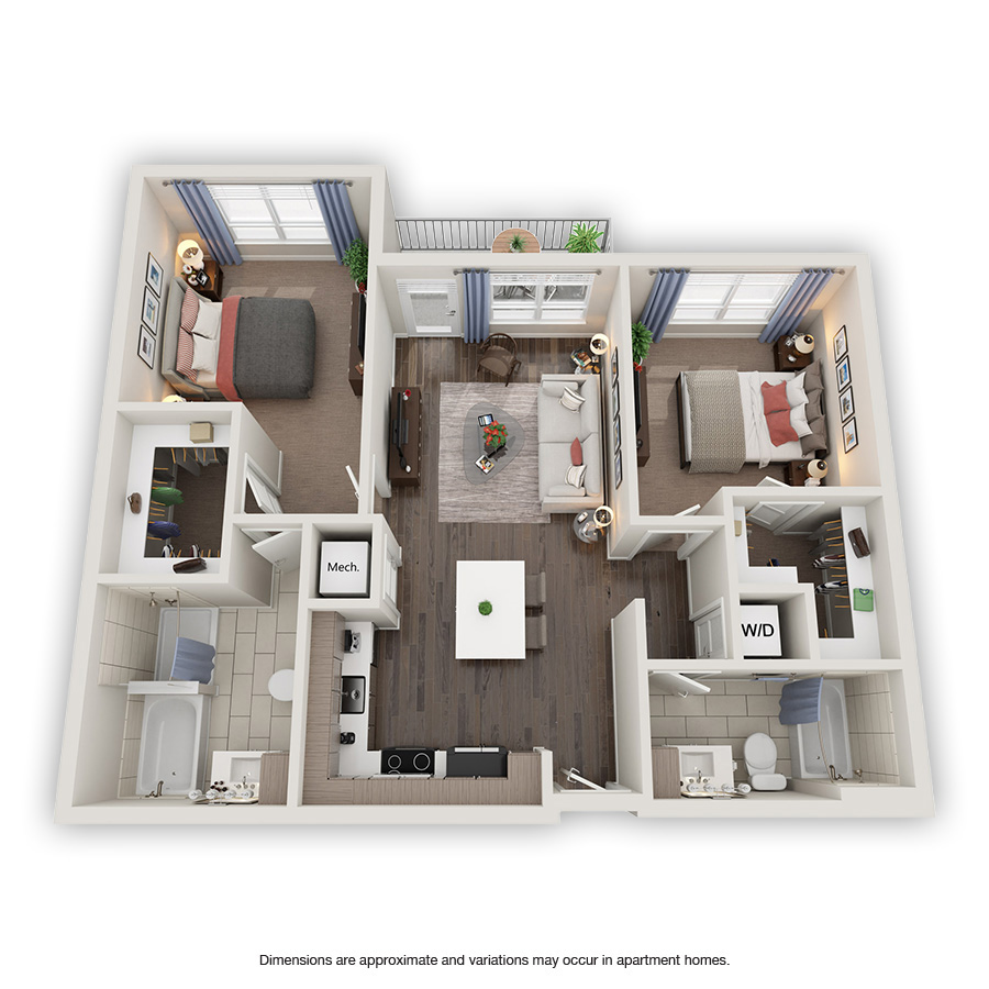 Rendering of the Okeechobee Platinum floor plan with 2 bedroom[s] and 2 bathroom[s] at Griffis North Olive