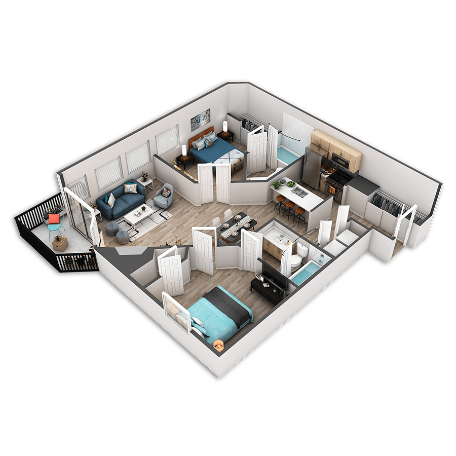 Rendering of the Elliott Platinum floor plan with 2 bedroom[s] and 2 bathroom[s] at Griffis Belltown