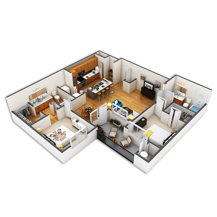 Rendering of the Arapahoe Custom floor plan with 2 bedroom[s] and 2 bathroom[s] at Griffis Fitzsimons South