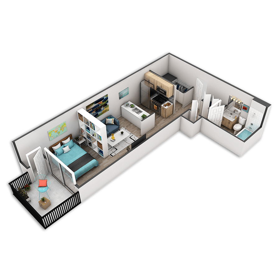 Rendering of the Alki floor plan with a Studio bedroom and 1 bathroom[s] at Griffis Belltown