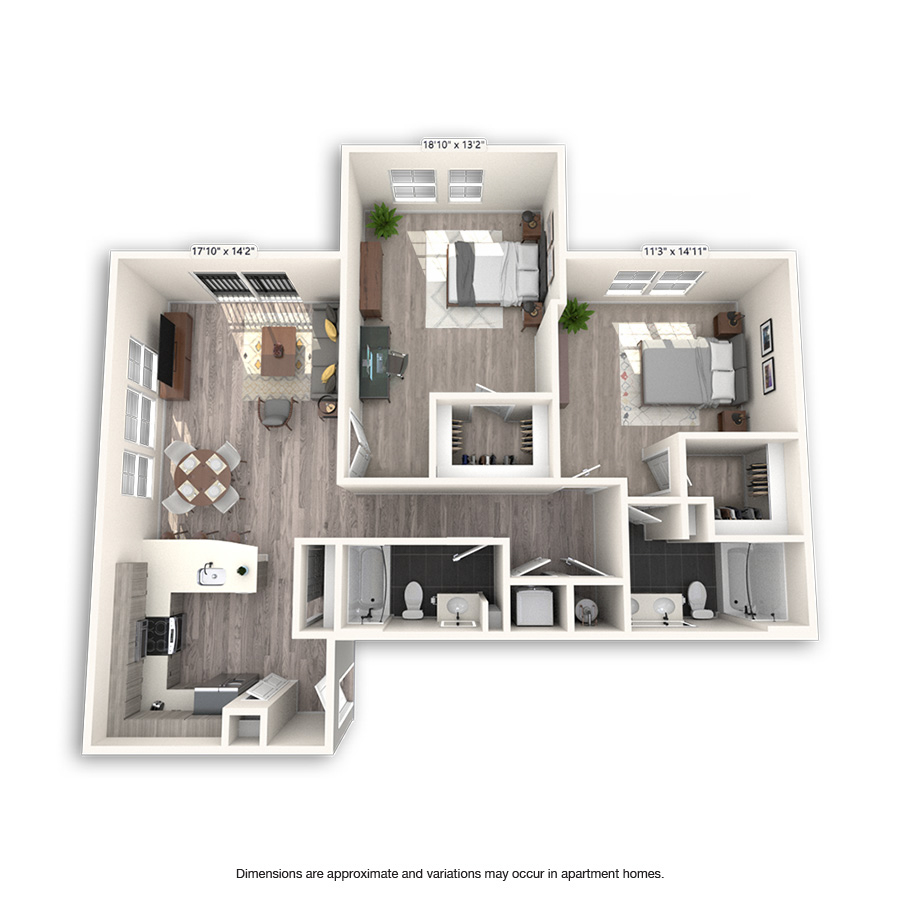 Rendering of the Civic Platinum floor plan with 2 bedroom[s] and 2 bathroom[s] at Griffis Cheesman Park