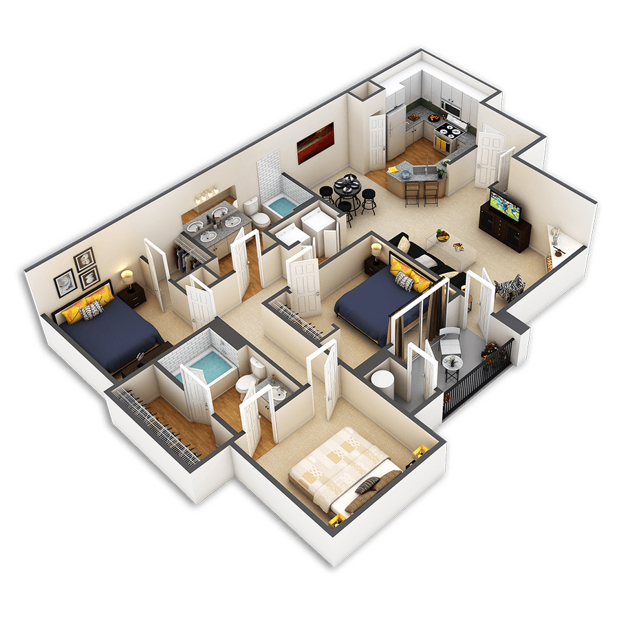 Rendering of the Lupine floor plan with 3 bedroom[s] and 2 bathroom[s] at Sagebrook