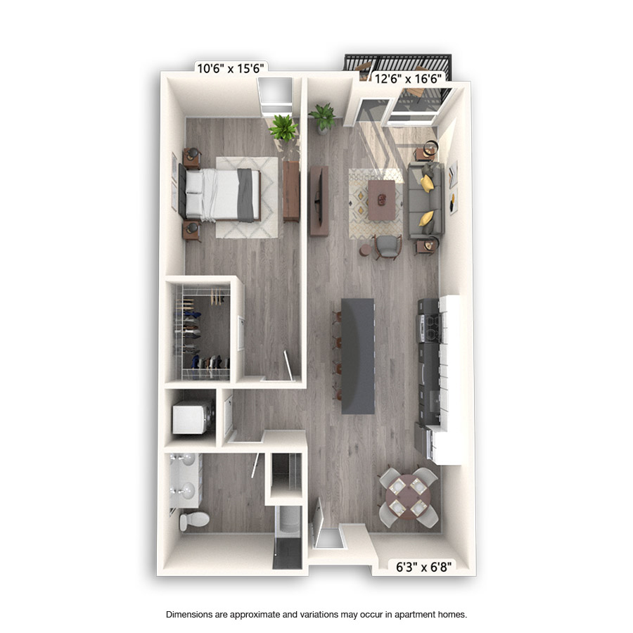 Rendering of the Midway Platinum floor plan with 1 bedroom[s] and 1 bathroom[s] at Griffis East Village
