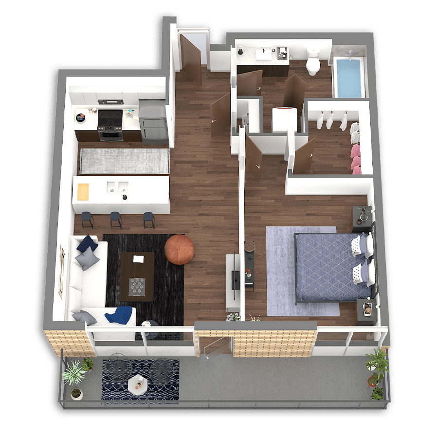 Rendering of the Ana floor plan with 1 bedroom[s] and 1 bathroom[s] at Griffis South Waterfront