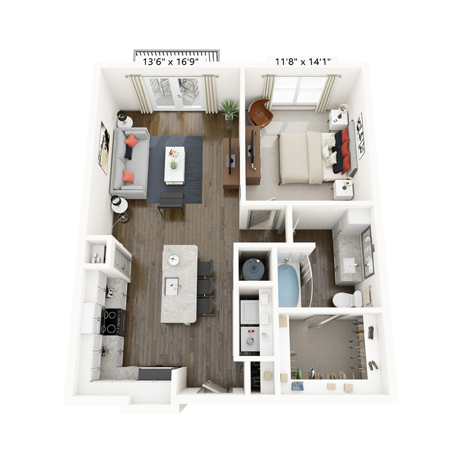 Rendering of the Independence floor plan with 1 bedroom[s] and 1 bathroom[s] at Griffis Frisco