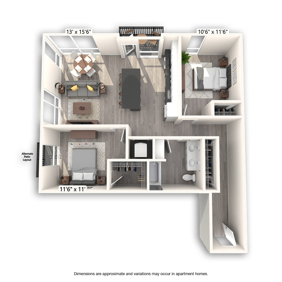 Rendering of the Triton floor plan with 2 bedroom[s] and 1 bathroom[s] at Griffis East Village