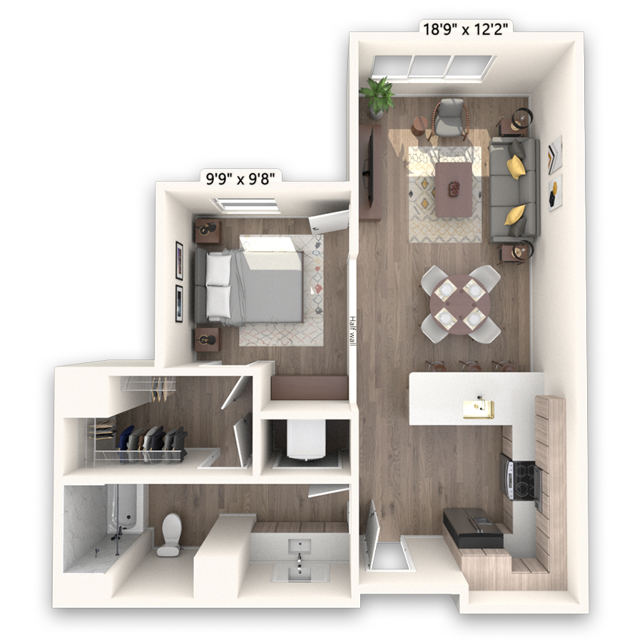 Rendering of the Democrat Platinum floor plan with 1 bedroom[s] and 1 bathroom[s] at Griffis LoDo