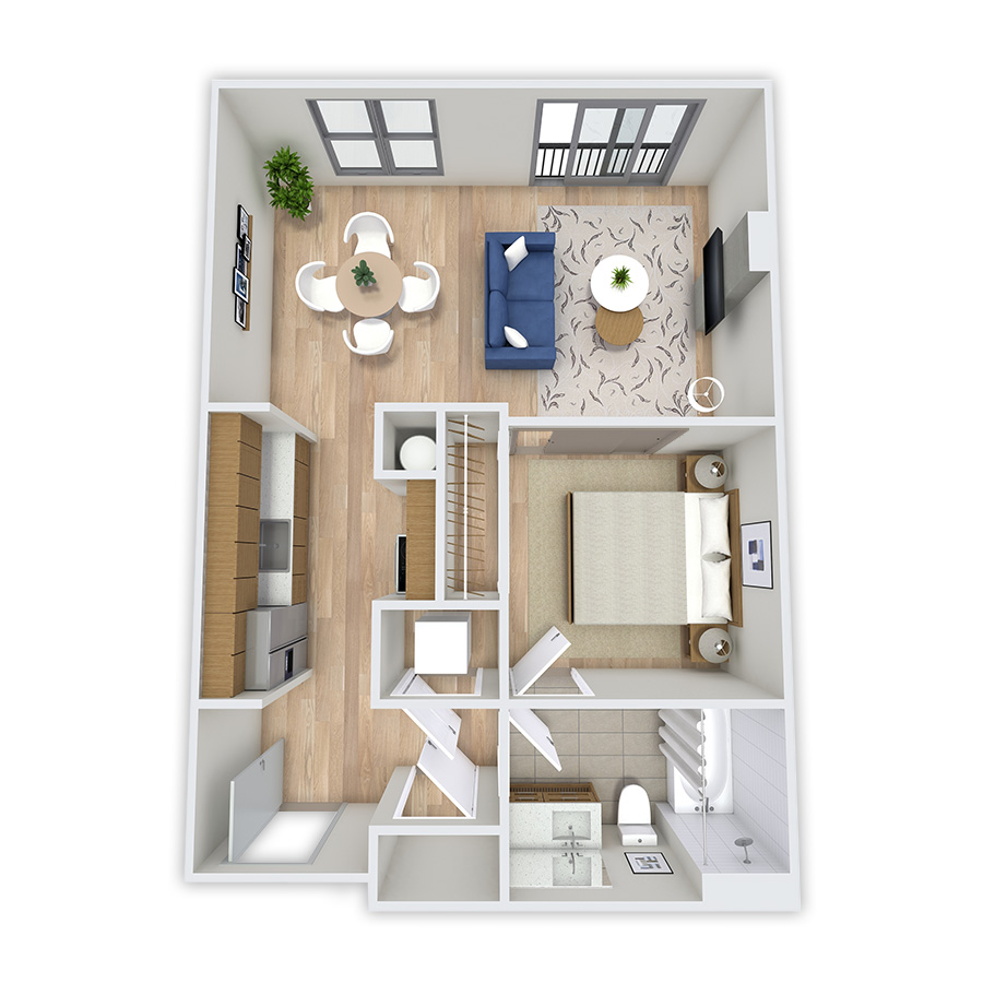 Rendering of the Hagues floor plan with 1 bedroom[s] and 1 bathroom[s] at Griffis Platform Union Station
