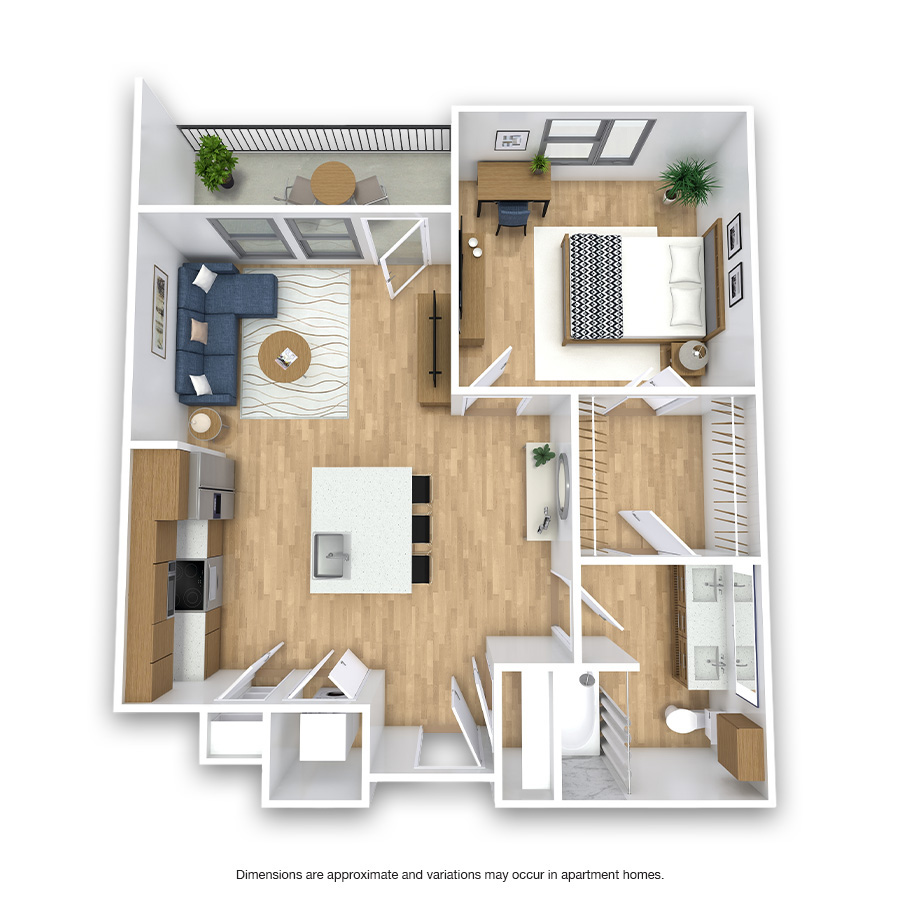 Rendering of the Fox Platinum floor plan with 1 bedroom[s] and 1 bathroom[s] at Griffis at Fiddler's Green