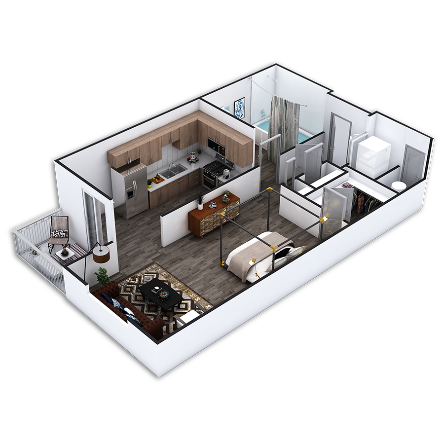 Rendering of the Cabrillo floor plan with a Studio bedroom and 1 bathroom[s] at Griffis Pine Avenue