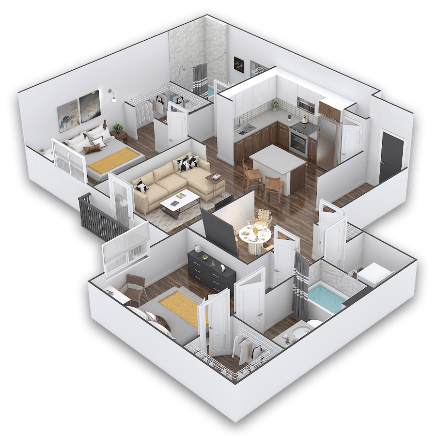Rendering of the Sherwen Platinum floor plan with 2 bedroom[s] and 2 bathroom[s] at Griffis Cherry Creek