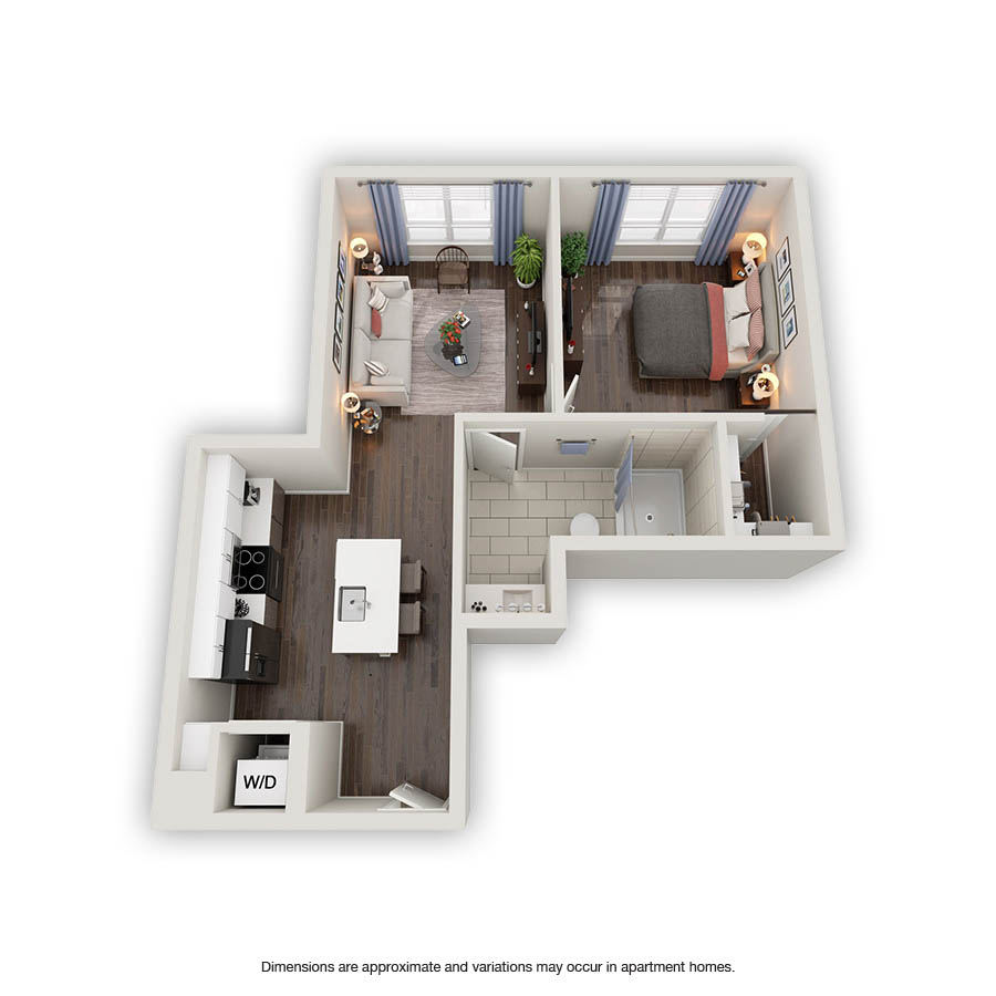 Rendering of the Eucalyptus floor plan with 1 bedroom[s] and 1 bathroom[s] at Griffis North Olive
