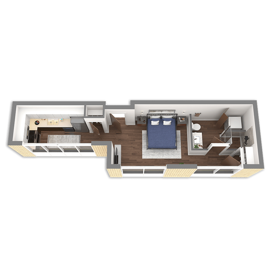 Rendering of the Willamette Platinum floor plan with a Studio bedroom and 1 bathroom[s] at Griffis South Waterfront