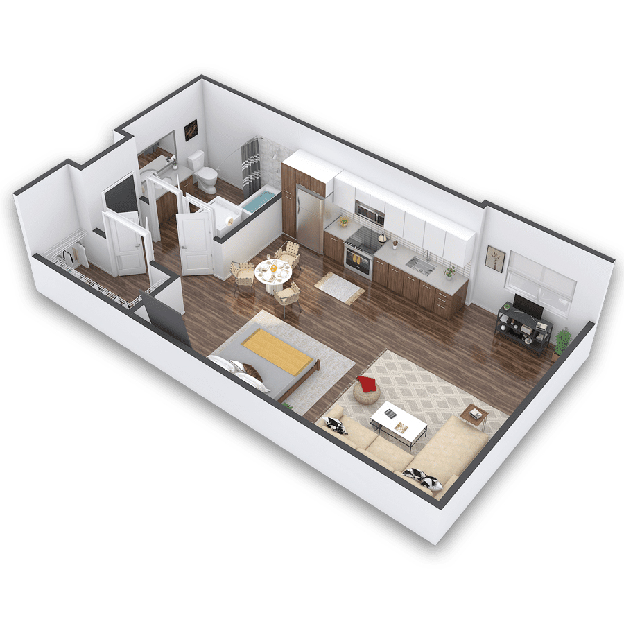 Rendering of the Cavendish floor plan with a Studio bedroom and 1 bathroom[s] at Griffis Cherry Creek