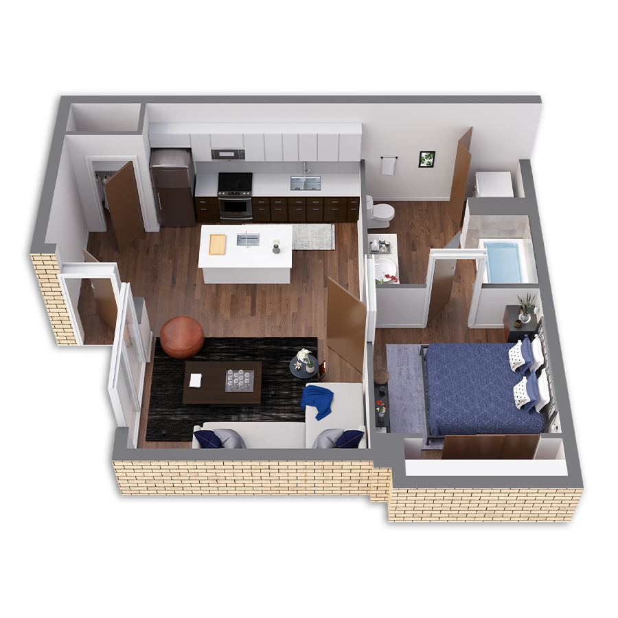 Rendering of the Wilson Platinum floor plan with a Studio bedroom and 1 bathroom[s] at Griffis South Waterfront