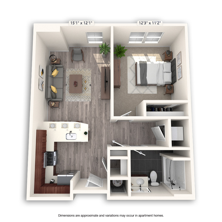 Rendering of the Lakehurst floor plan with 1 bedroom[s] and 1 bathroom[s] at Griffis Cheesman Park